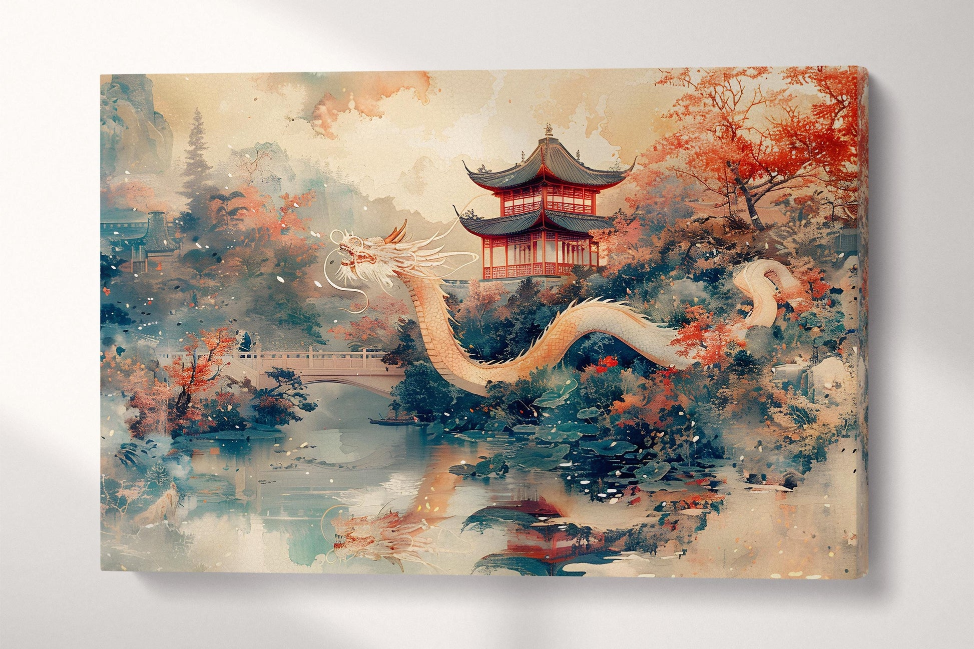 Majestic Dragon in Chinese Pagoda Landscape Wall Art Home Decor Eco Leather Pri Single Panel