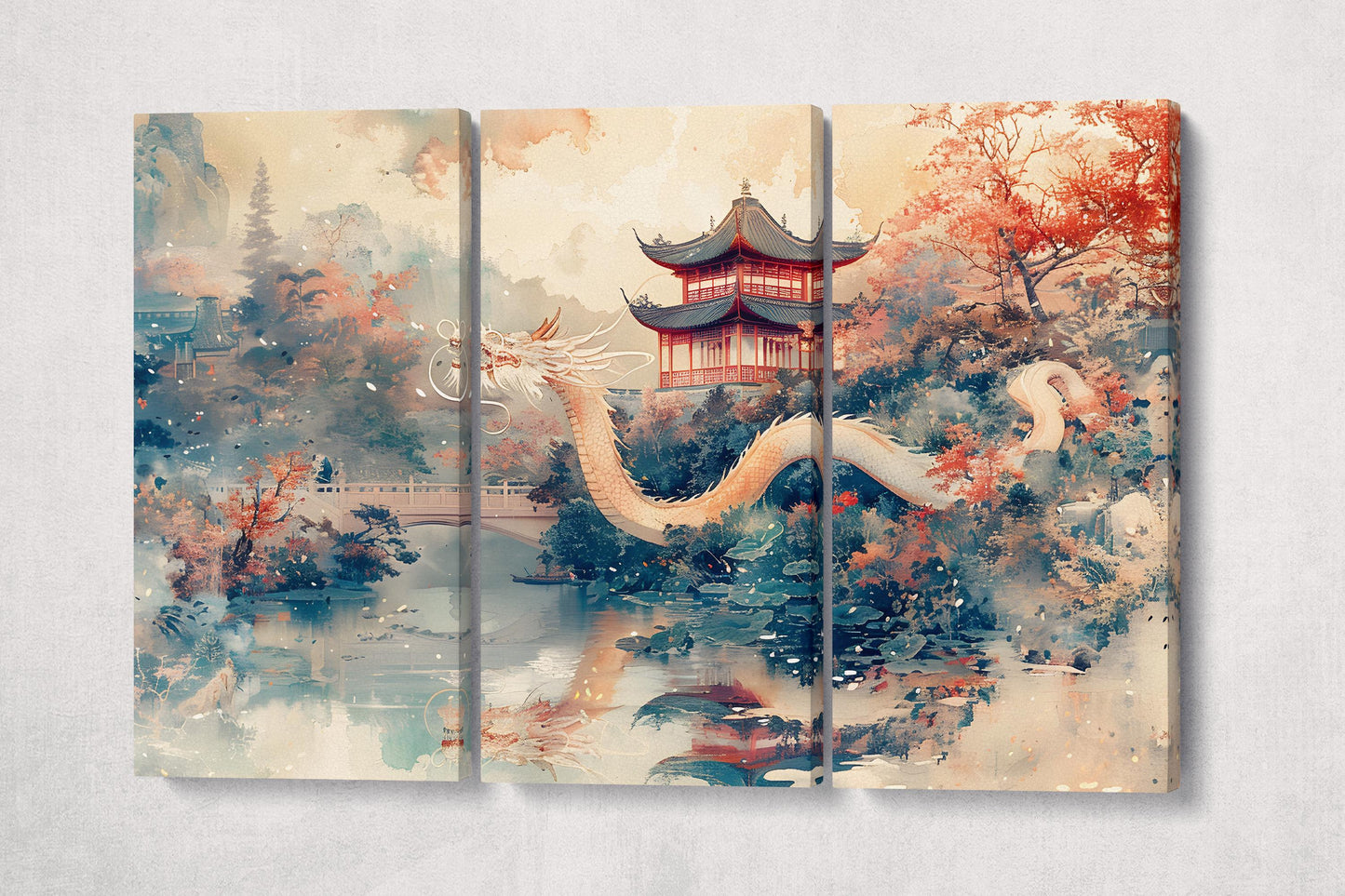 Majestic Dragon in Chinese Pagoda Landscape Wall Art Home Decor Eco Leather Print 3 Panels