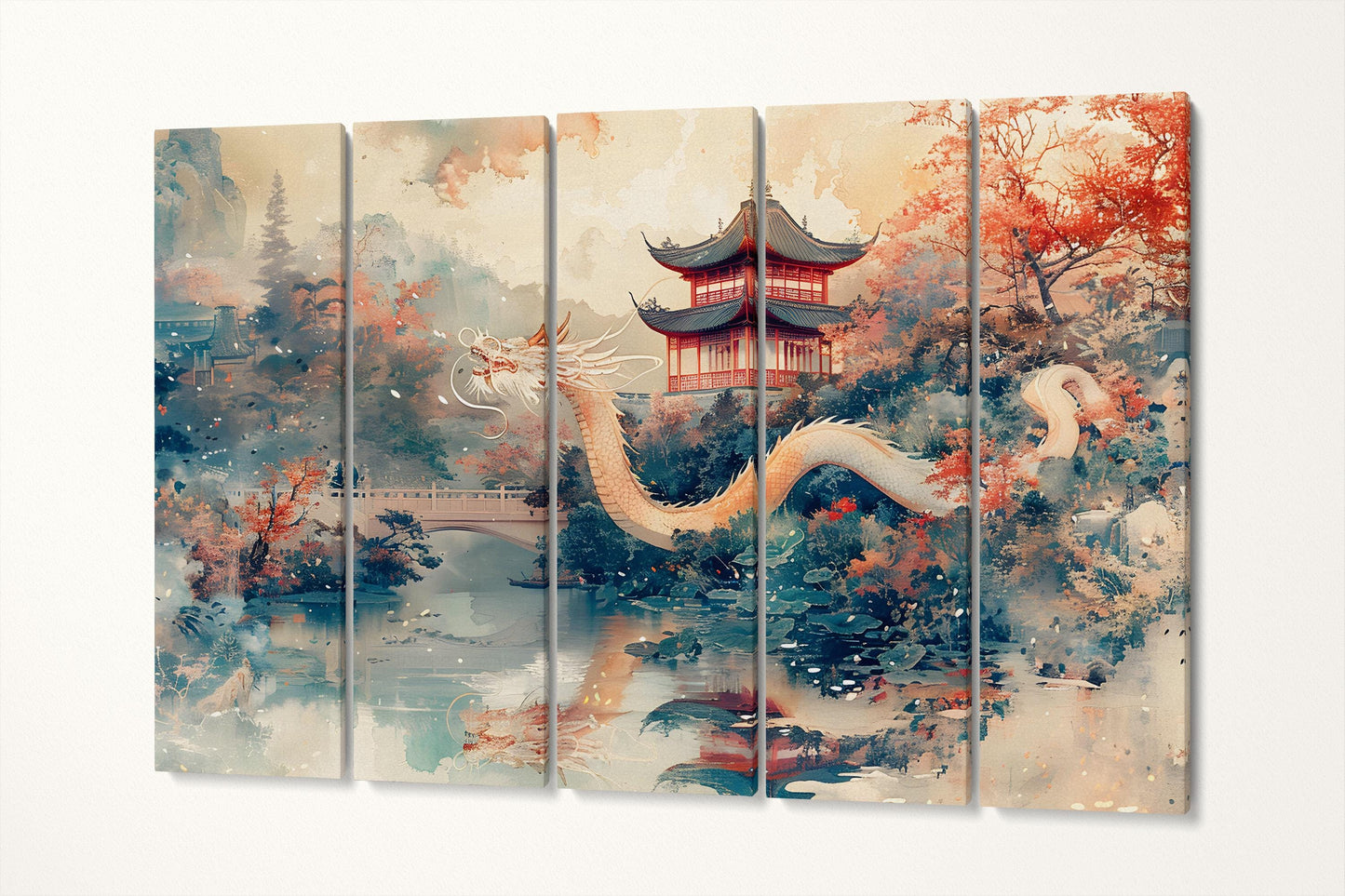 Majestic Dragon in Chinese Pagoda Landscape Wall Art Home Decor Eco Leather Print 5 Panels