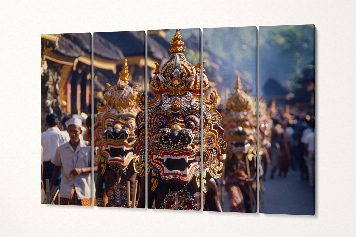 Vibrant Hindu Nyepi Festival Masks in Bali Wall Art Home Decor Canvas Eco Leather Print 5 Panels