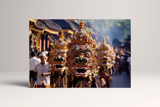Vibrant Hindu Nyepi Festival Masks in Bali Wall Art Home Decor Canvas Eco Leather Print