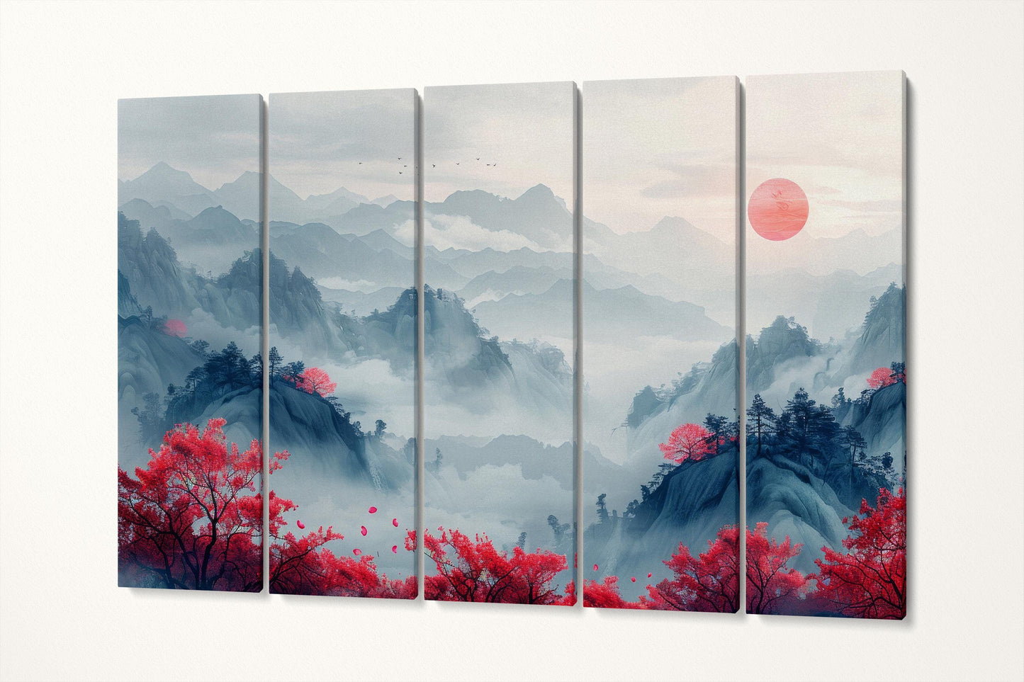 Ukiyo-e Mist: Red Blossoms and Mountainscape Artwork Canvas Wall Art Eco Leather Print 5 Panels