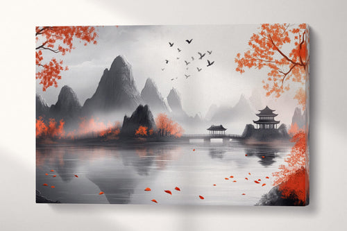 Serenity in the Mist - Oriental Mountain Landscape Wall Art Canvas Eco Leather Print