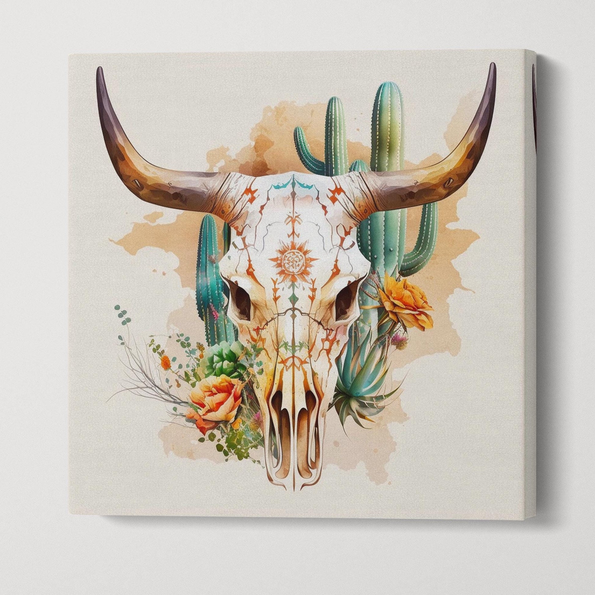 Desert Spirit - Western Longhorn Skull with Cacti and Blooms Wall Art Framed Canvas Eco Leather Print