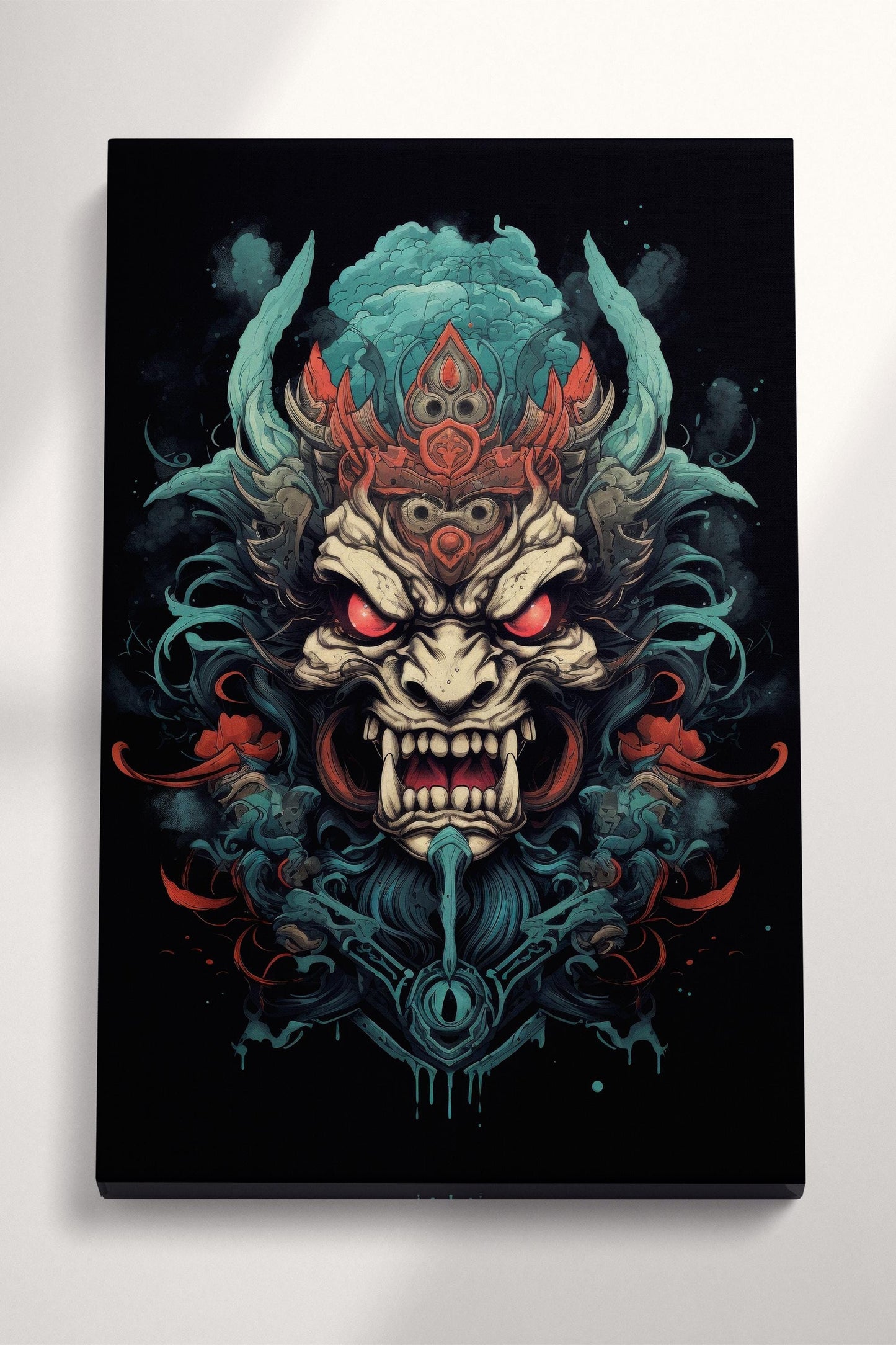 Yokai Fury - Oni Mask of the Underworld Japan Style Framed Wall Art Eco Leather Print, Made in Italy!