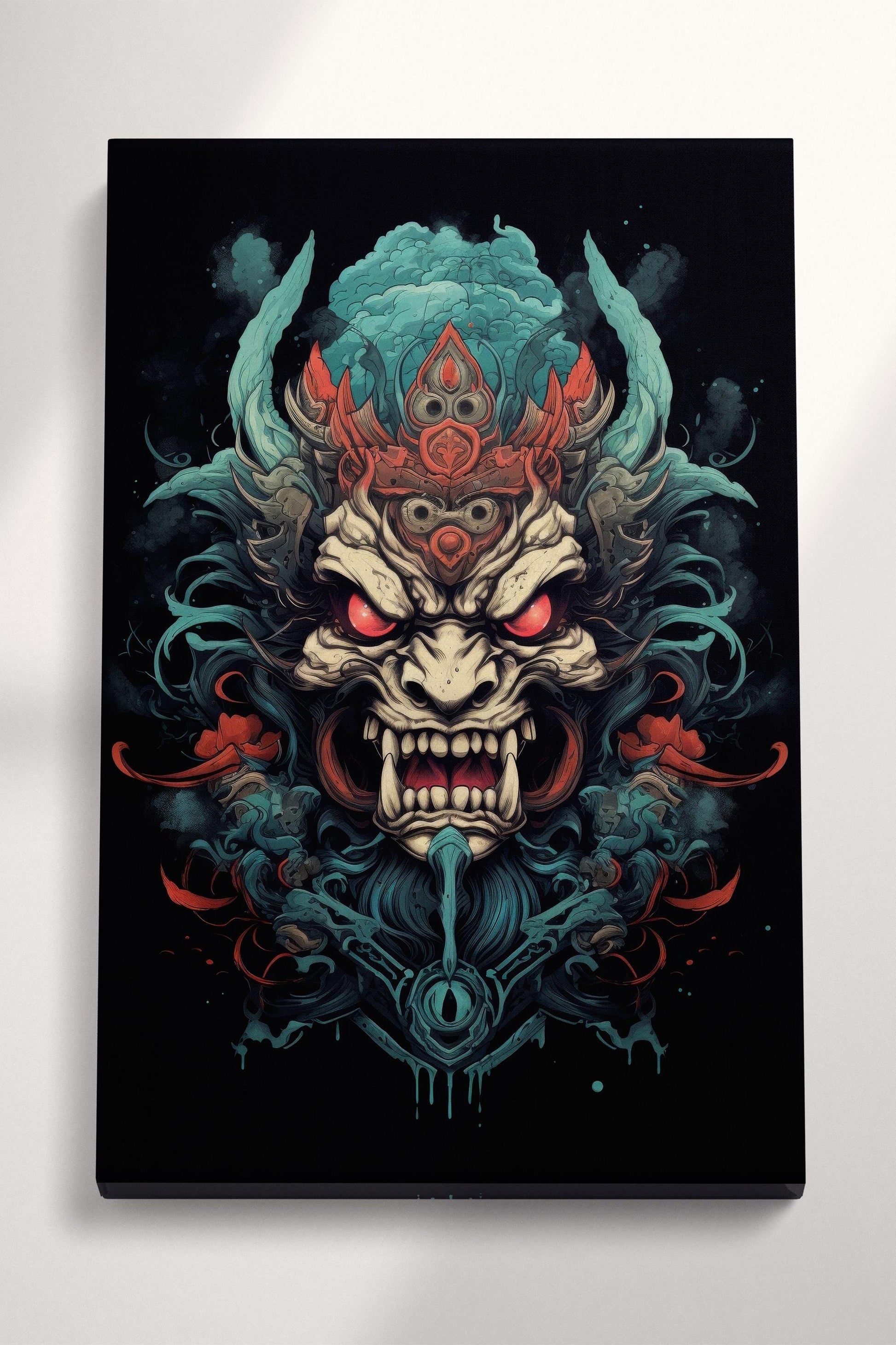 Yokai Fury - Oni Mask of the Underworld Japan Style Framed Wall Art Eco Leather Print, Made in Italy!