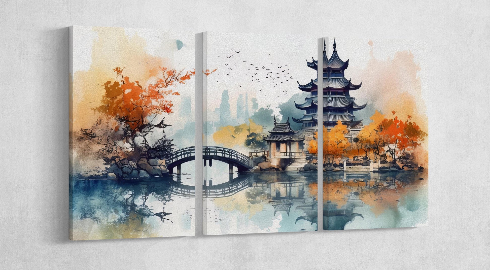 Whispers of Autumn at the Lake Pagoda - A Japanese Reverie Wall Art Home Decor Framed Canvas Eco Leather Print 3 Panels