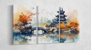 Whispers of Autumn at the Lake Pagoda - A Japanese Reverie Wall Art Home Decor Framed Canvas Eco Leather Print 3 Panels