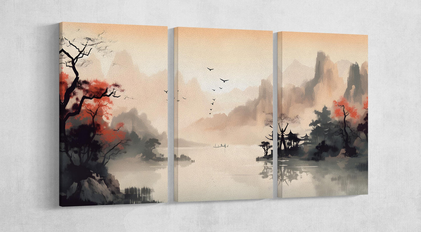 Silent Dawn over Misty Waters Wall Art Home Decor Framed Canvas Eco Leather Print 3 Panels