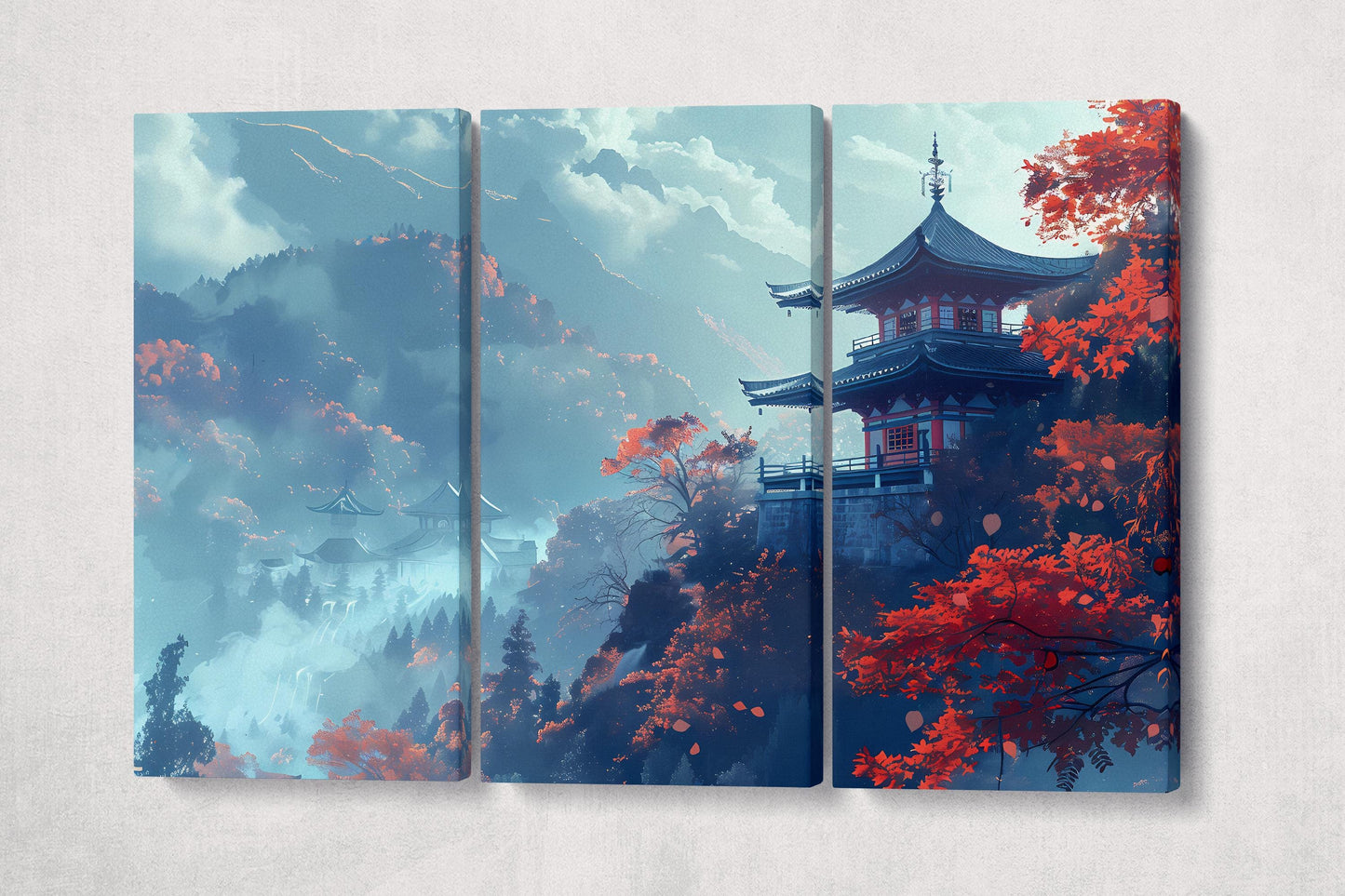 Echoes of Autumn: Misty Japanese Temple Serenity Canvas Wall Decor Eco Leather Print 3 Panels