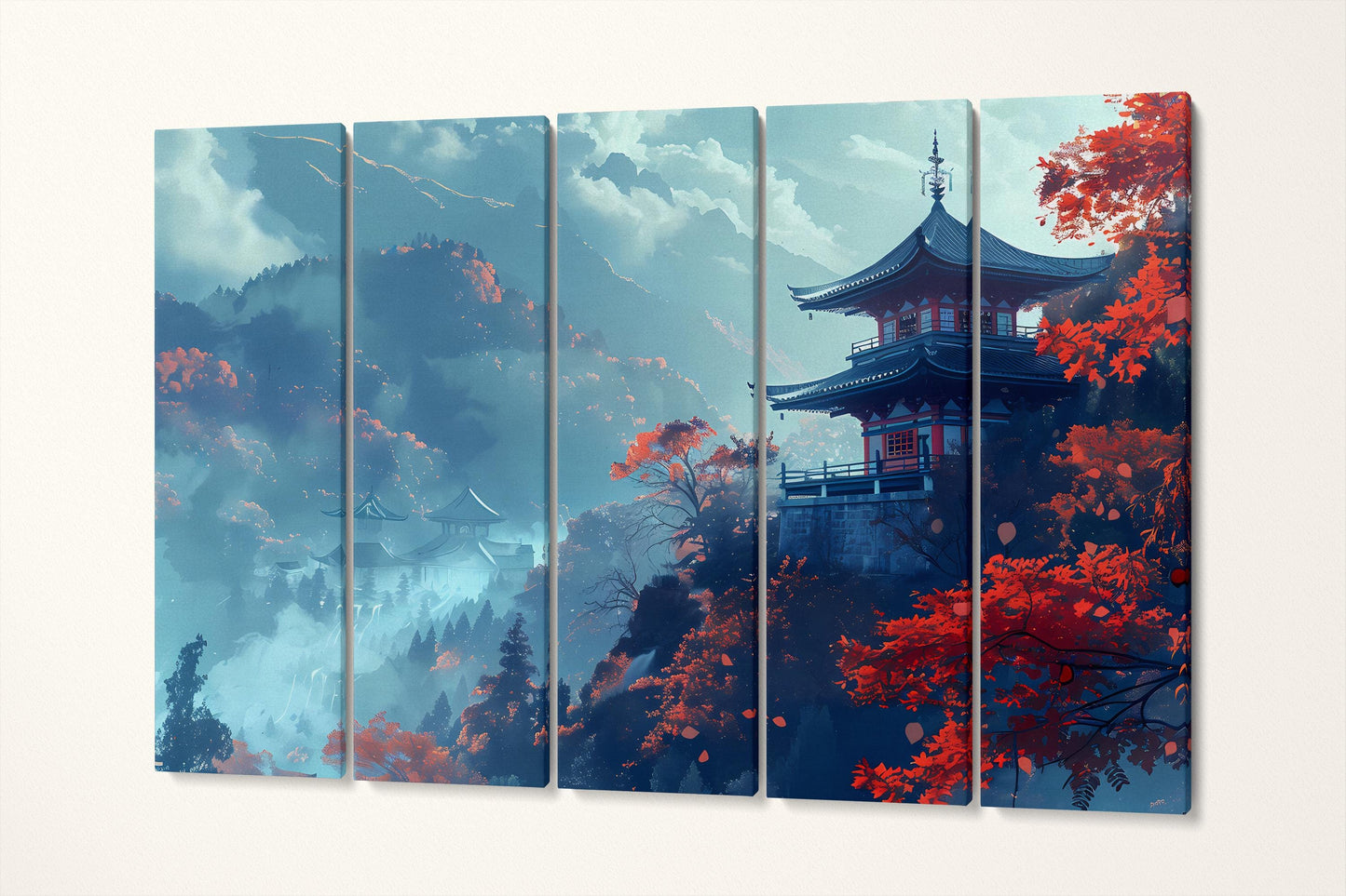 Echoes of Autumn: Misty Japanese Temple Serenity Canvas Wall Decor Eco Leather Print 5 Panels