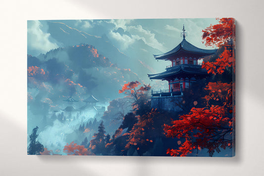 Echoes of Autumn: Misty Japanese Temple Serenity Canvas Wall Decor Eco Leather Print Single Panel