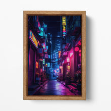 Load image into Gallery viewer, Cyberpunk Neon Cityscape Canvas Wall Art - Futuristic Urban Night Scene | Sci-Fi Aesthetic Gallery Wrap Eco Leather Print Wood Frame