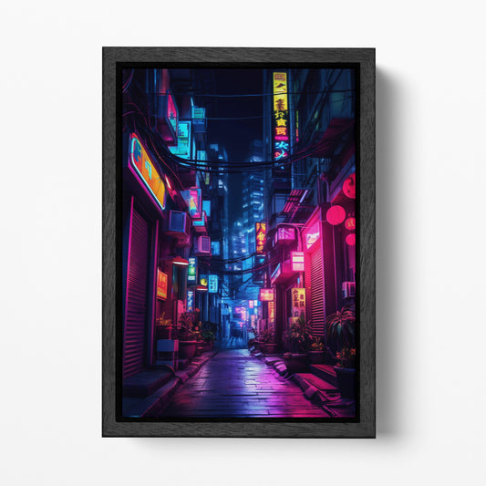 Cyberpunk Neon Cityscape Canvas Wall Art - Futuristic Urban Night Scene | Sci-Fi Aesthetic Gallery Wrap Eco Leather Print Black Frame