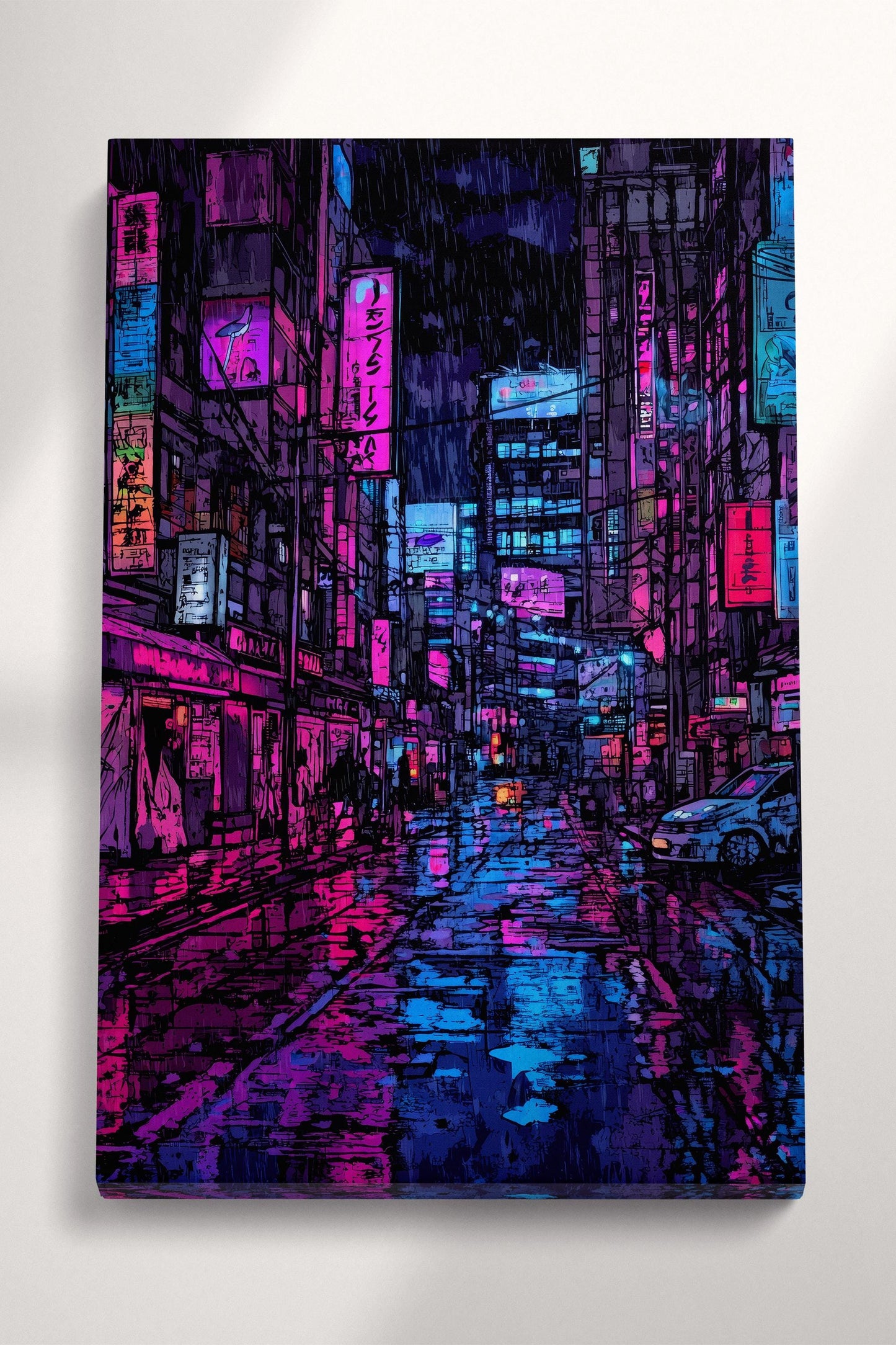 Neon City Street in the Rain - Cyberpunk Canvas Art | Futuristic Night Scene | Sci-Fi Wall Decor Eco Leather Print