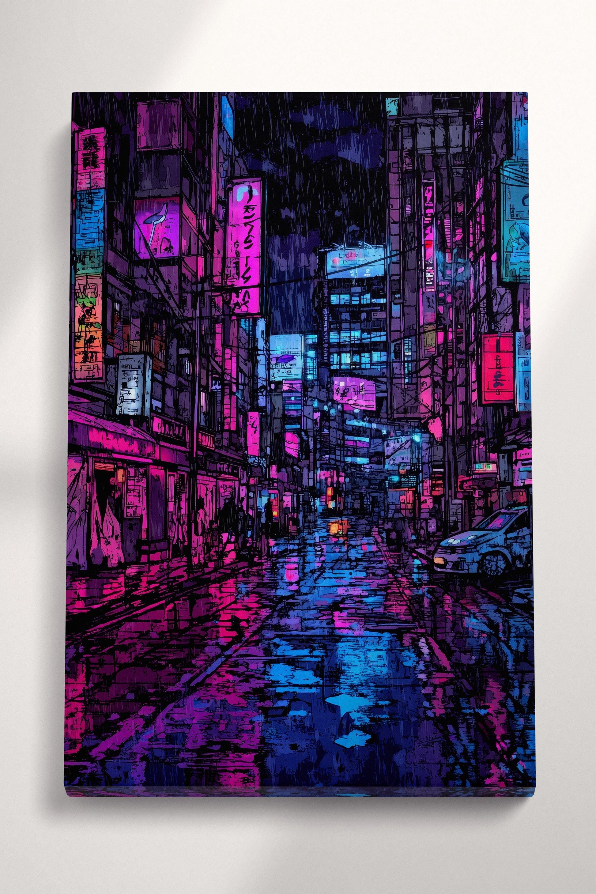Neon City Street in the Rain - Cyberpunk Canvas Art | Futuristic Night Scene | Sci-Fi Wall Decor Eco Leather Print