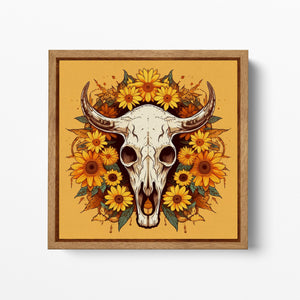 Skull with Sunflowers Canvas Wall Art, Rustic Farmhouse Decor Wall Art Framed Canvas Eco Leather Print Wood Frame