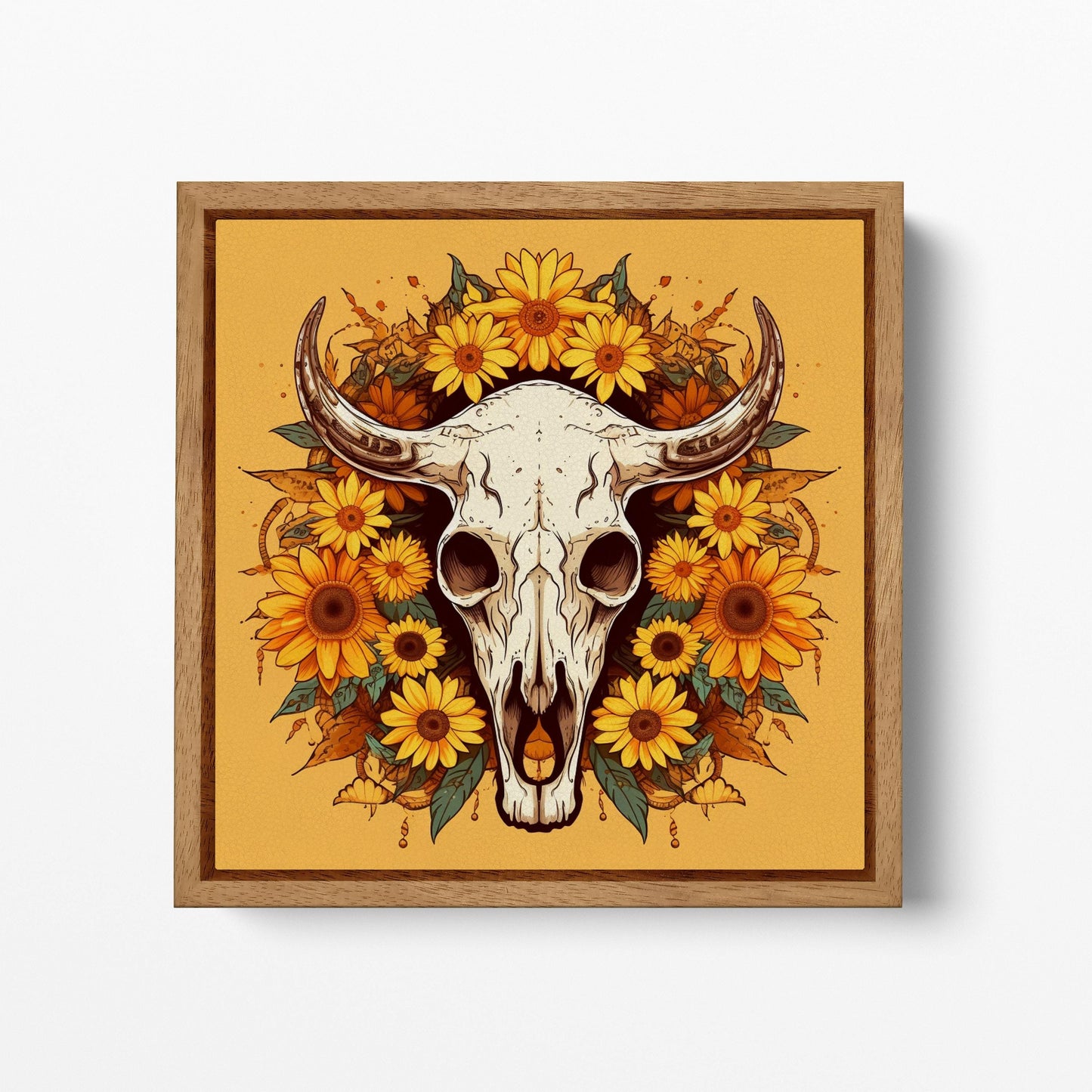 Skull with Sunflowers Canvas Wall Art, Rustic Farmhouse Decor Wall Art Framed Canvas Eco Leather Print Wood Frame