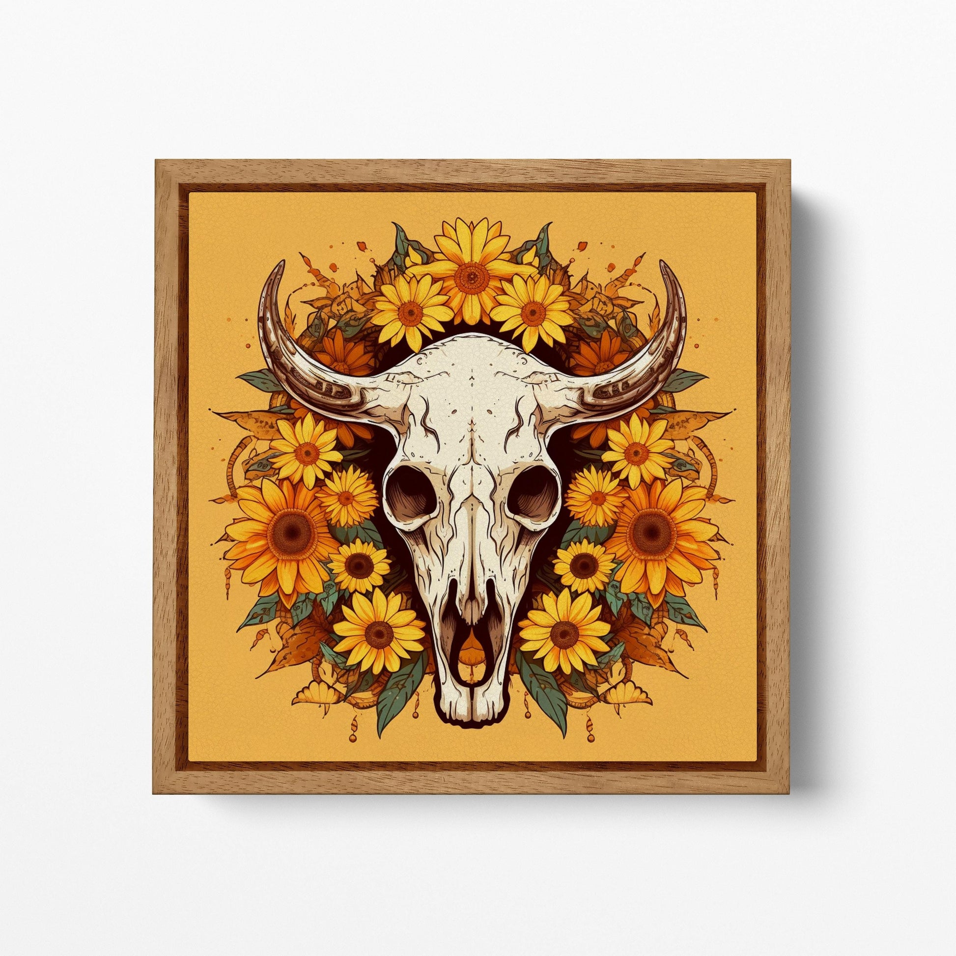 Skull with Sunflowers Canvas Wall Art, Rustic Farmhouse Decor Wall Art Framed Canvas Eco Leather Print Wood Frame