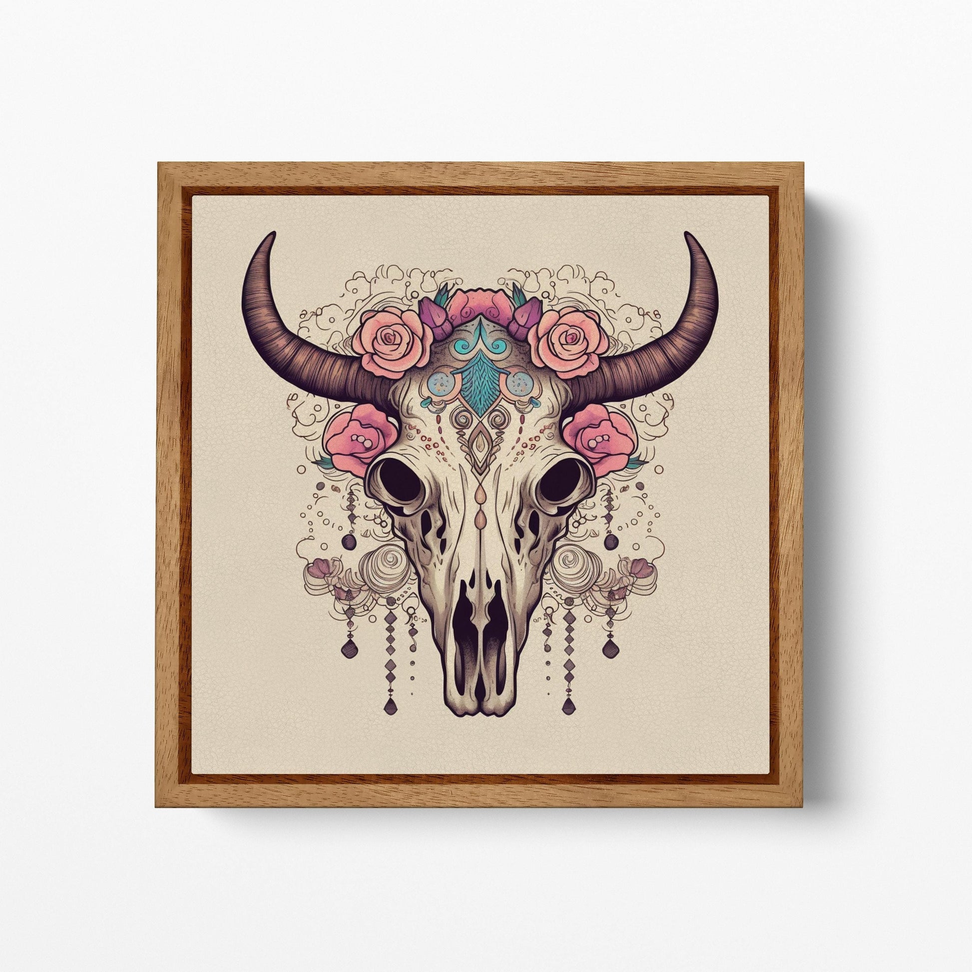 Floral Cow Skull Art Print - Boho Western Decor | Skull with Roses | Bohemian Tribal Wall Art Framed Canvas Eco Leather Print Wood Frame