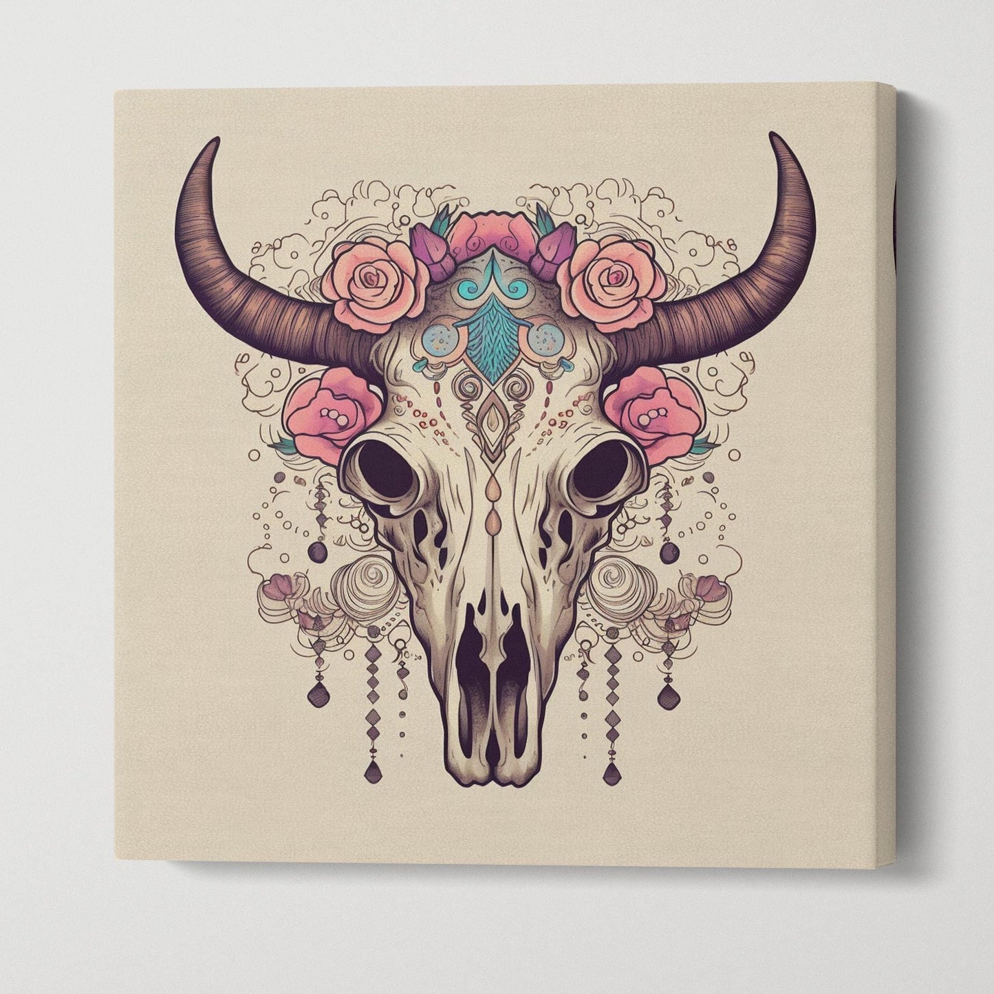 Floral Cow Skull Art Print - Boho Western Decor | Skull with Roses | Bohemian Tribal Wall Art Framed Canvas Eco Leather Print