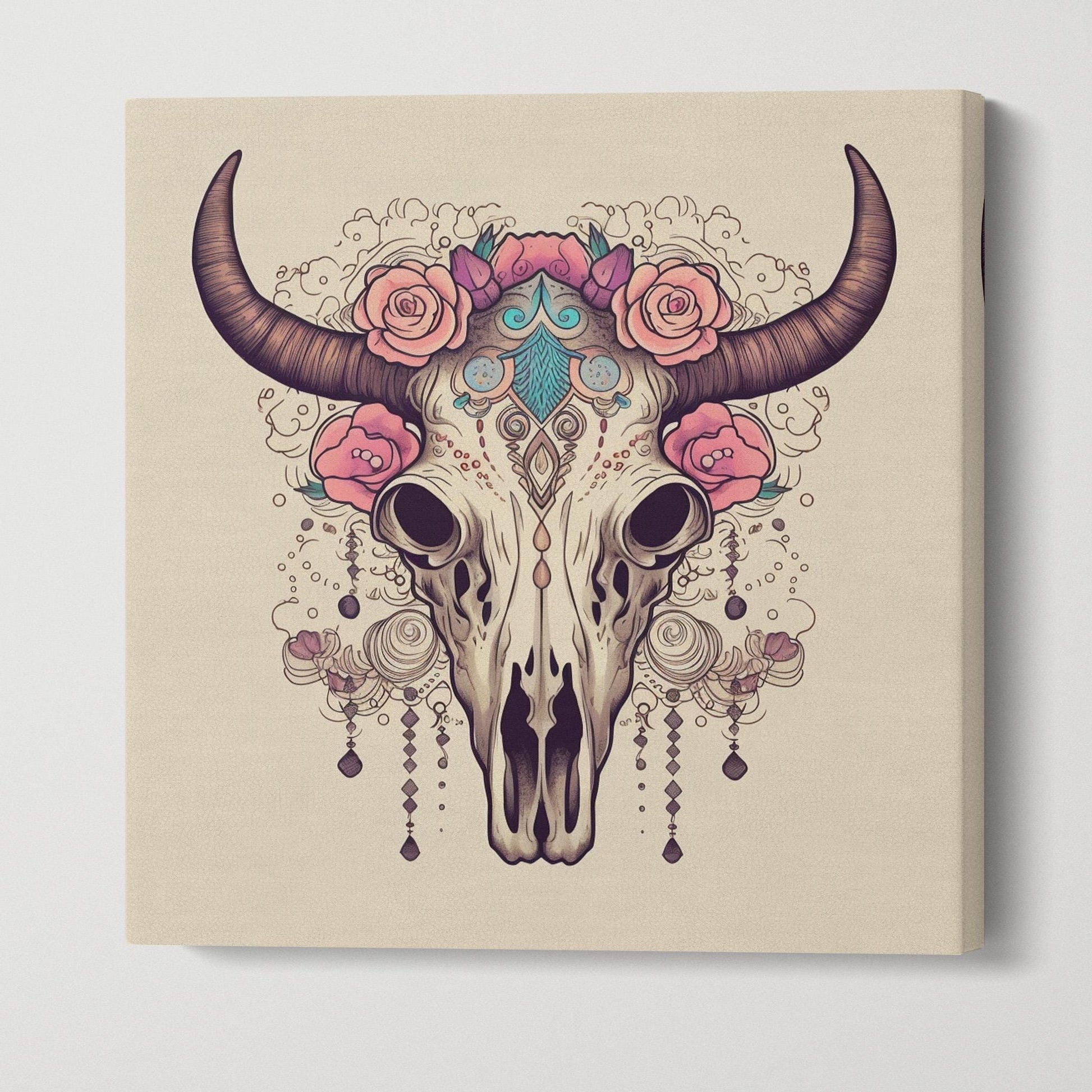 Floral Cow Skull Art Print - Boho Western Decor | Skull with Roses | Bohemian Tribal Wall Art Framed Canvas Eco Leather Print