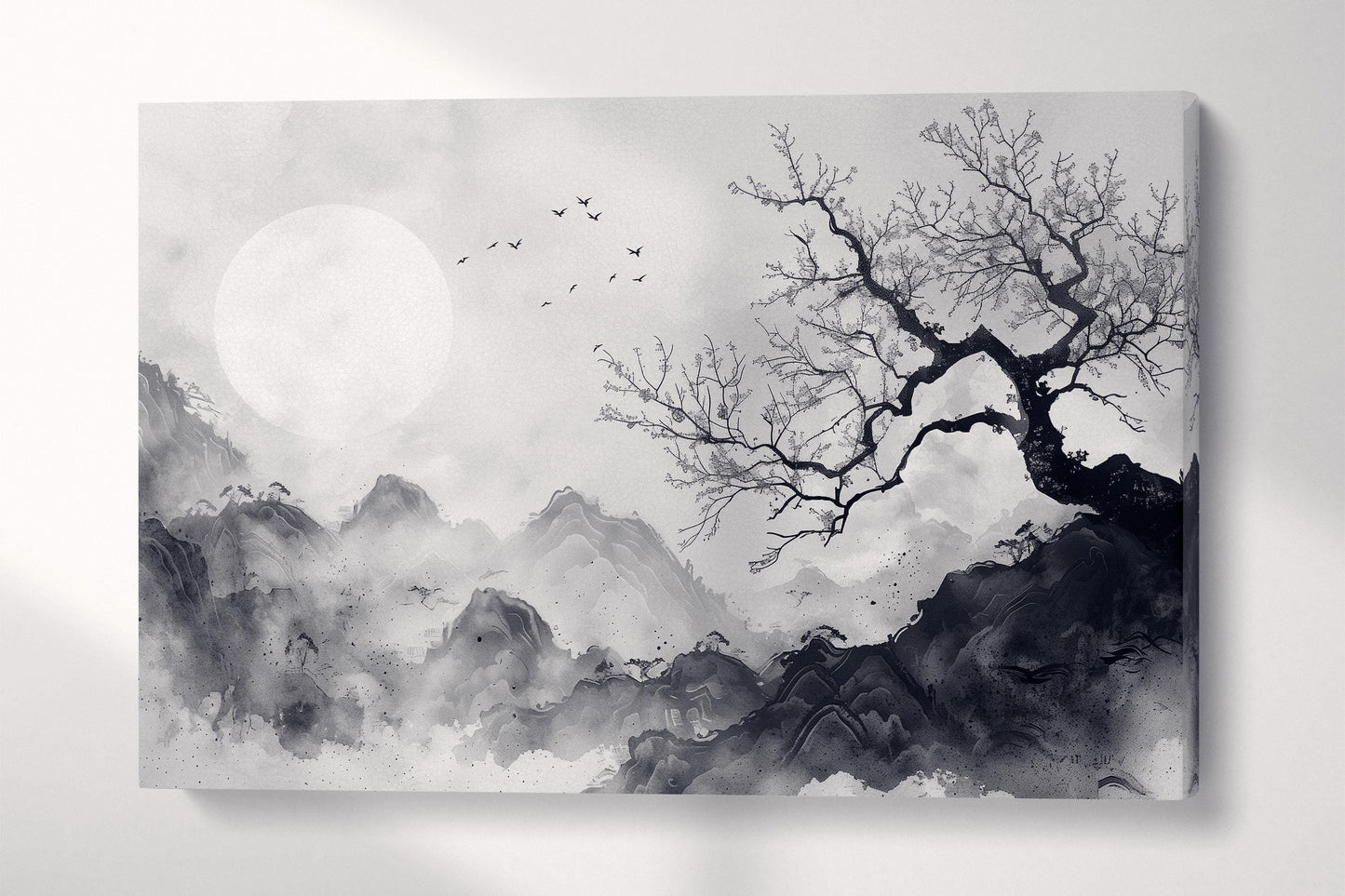 Black and White Ink Art | Traditional Chinese Lunar Landscape | Ink Painting Wall Art Large Wall Decor Eco Leather Print