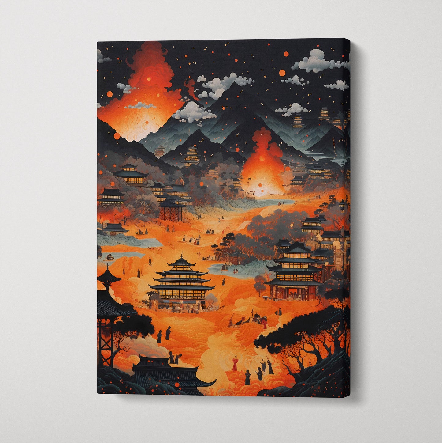 Fiery Landscape: Asian Temples and Volcano Eruption - Canvas Wall Art Eco Leather Print