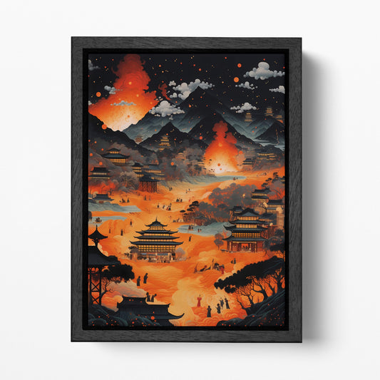 Fiery Landscape: Asian Temples and Volcano Eruption - Canvas Wall Art Eco Leather Print Black Frame