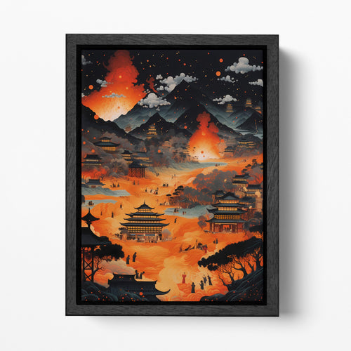 Fiery Landscape: Asian Temples and Volcano Eruption - Canvas Wall Art Eco Leather Print Black Frame