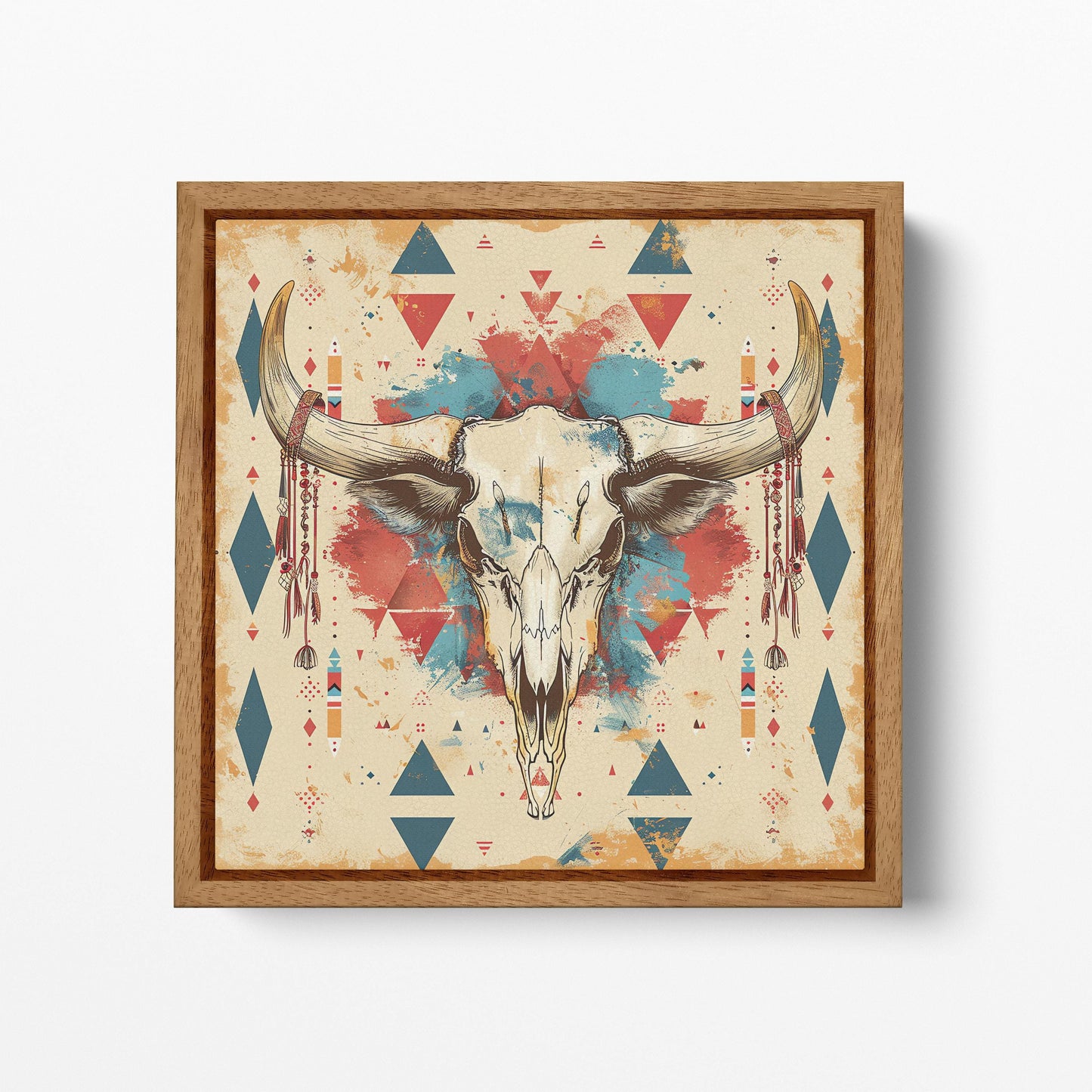 Tribal Bull Skull with Geometric Patterns - Eco Leather Canvas Wall Art Framed Canvas Print Wood Frame