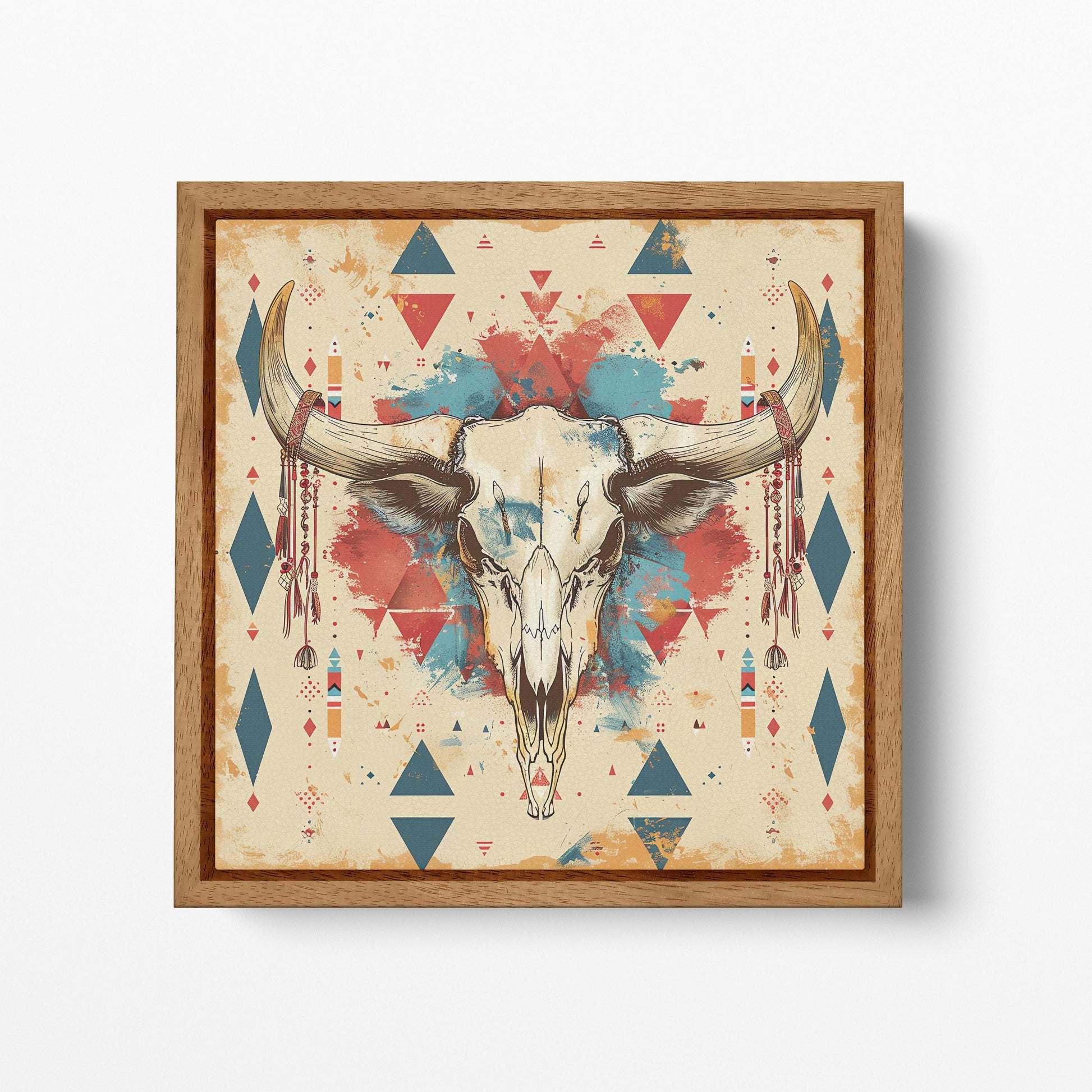 Tribal Bull Skull with Geometric Patterns - Eco Leather Canvas Wall Art Framed Canvas Print Wood Frame