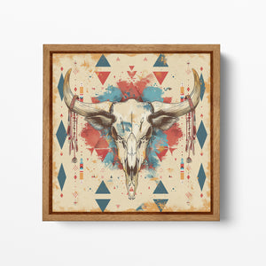 Tribal Bull Skull with Geometric Patterns - Eco Leather Canvas Wall Art Framed Canvas Print Wood Frame
