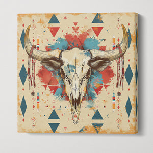 Tribal Bull Skull with Geometric Patterns - Eco Leather Canvas Wall Art Framed Canvas Print