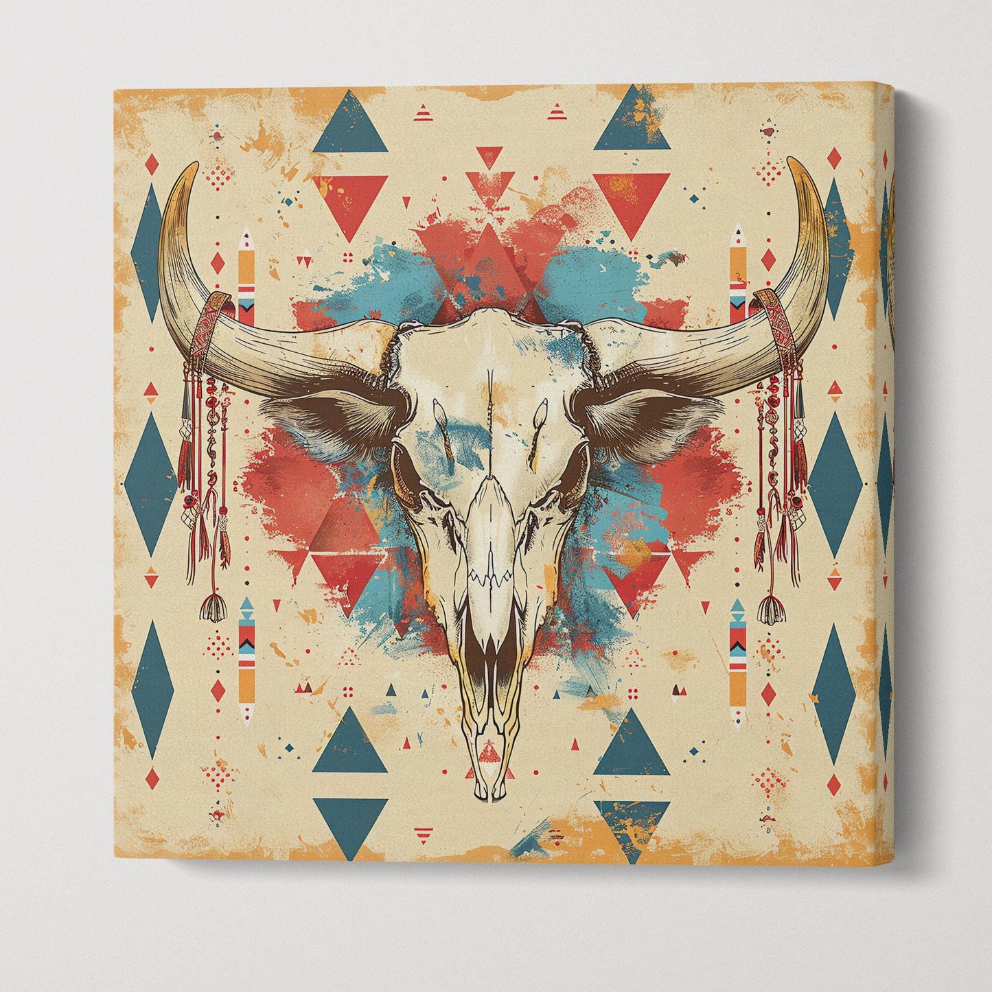 Tribal Bull Skull with Geometric Patterns - Eco Leather Canvas Wall Art Framed Canvas Print