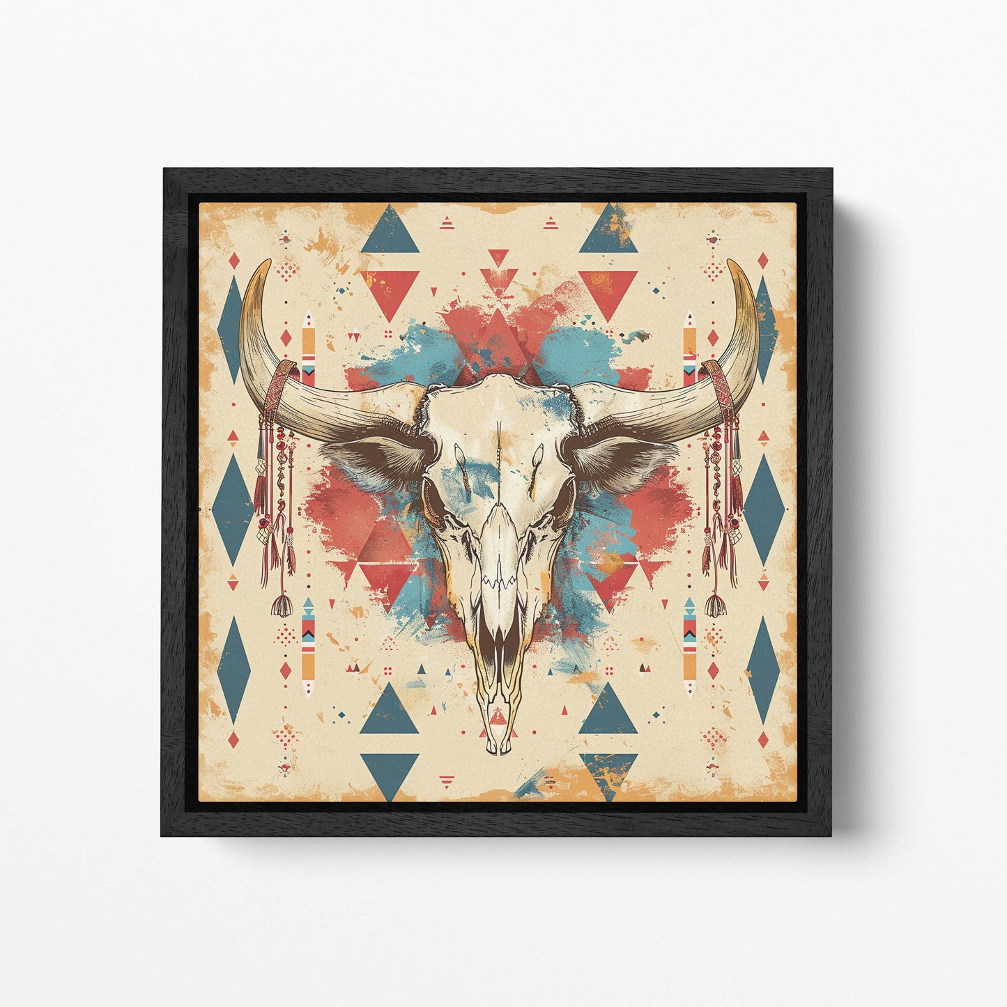 Tribal Bull Skull with Geometric Patterns - Eco Leather Canvas Wall Art Framed Canvas Print Black Frame