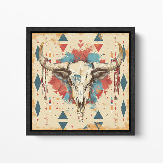 Tribal Bull Skull with Geometric Patterns - Eco Leather Canvas Wall Art Framed Canvas Print Black Frame