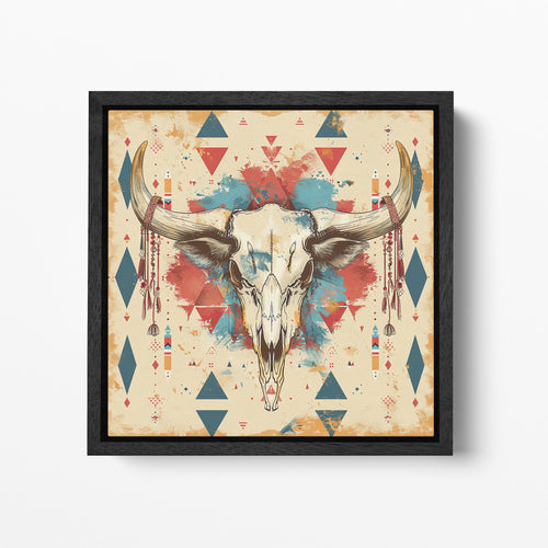 Tribal Bull Skull with Geometric Patterns - Eco Leather Canvas Wall Art Framed Canvas Print Black Frame