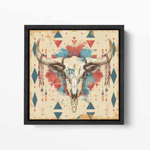 Tribal Bull Skull with Geometric Patterns - Eco Leather Canvas Wall Art Framed Canvas Print Black Frame