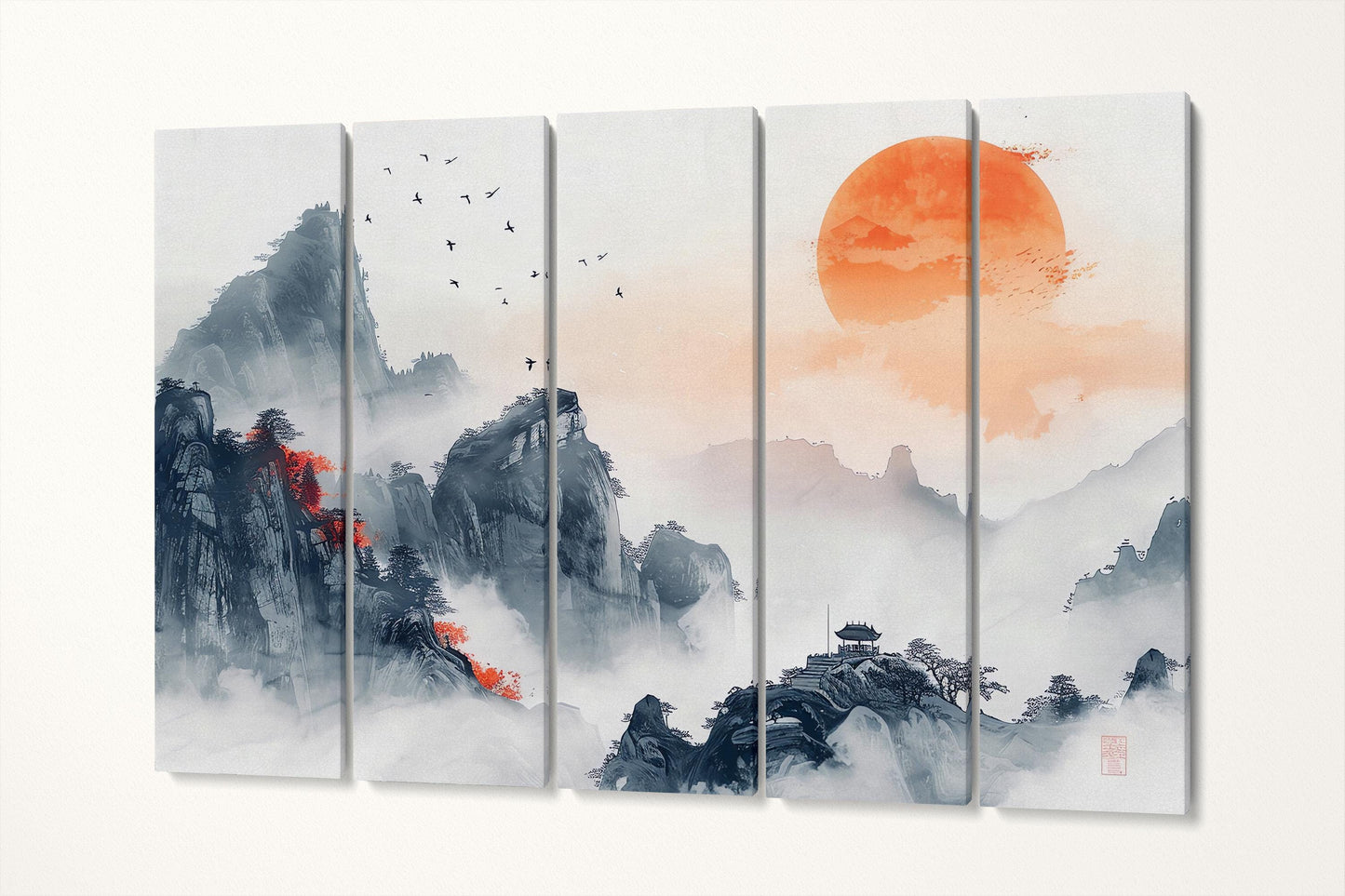 Traditional Chinese Landscape Sunset Print | Misty Mountain and Pagoda Art | Serene Oriental Wall Decor Eco Leather Print 5 Panels