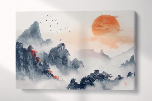 Traditional Chinese Landscape Sunset Print | Misty Mountain and Pagoda Art | Serene Oriental Wall Decor Eco Leather Print