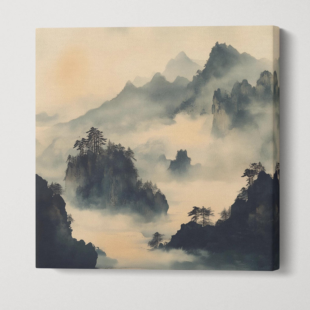 Misty Mountain Range with Trees - Eco Leather Wall Canvas Print