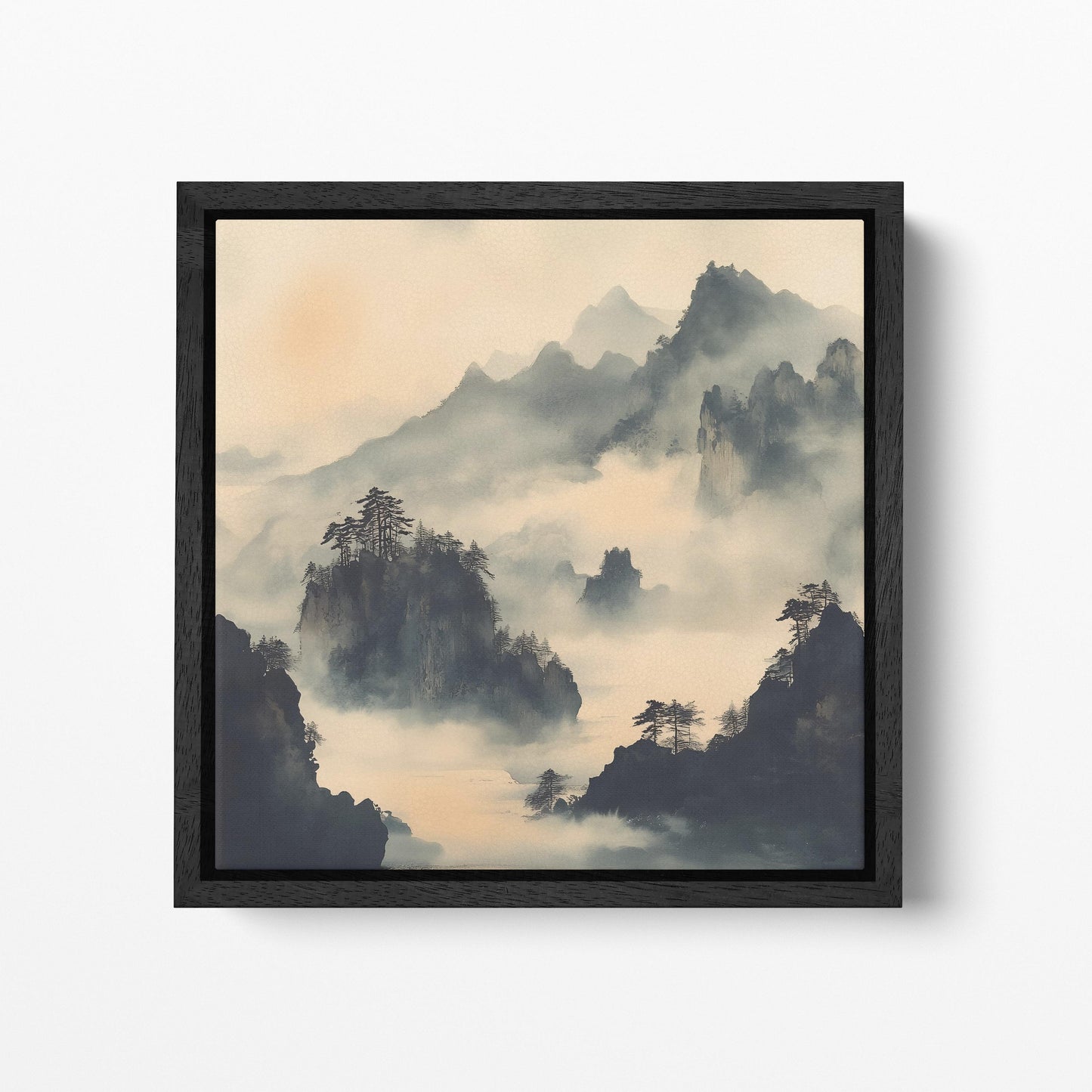 Misty Mountain Range with Trees - Eco Leather Wall Canvas Print Black Frame