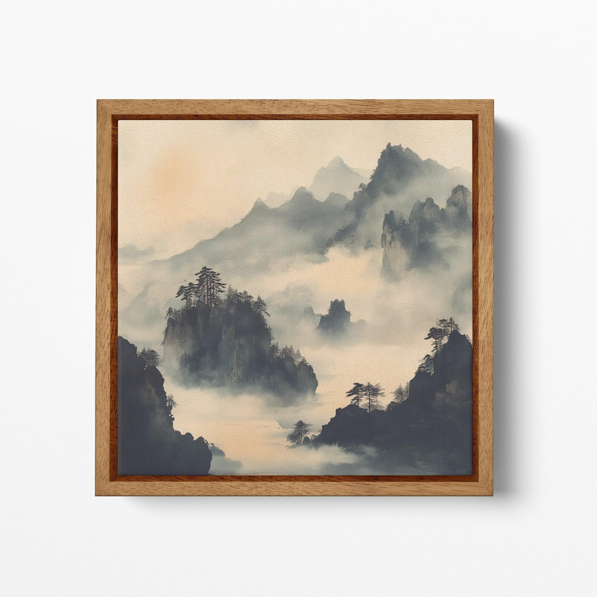 Misty Mountain Range with Trees - Eco Leather Wall Canvas Print Wood Frame