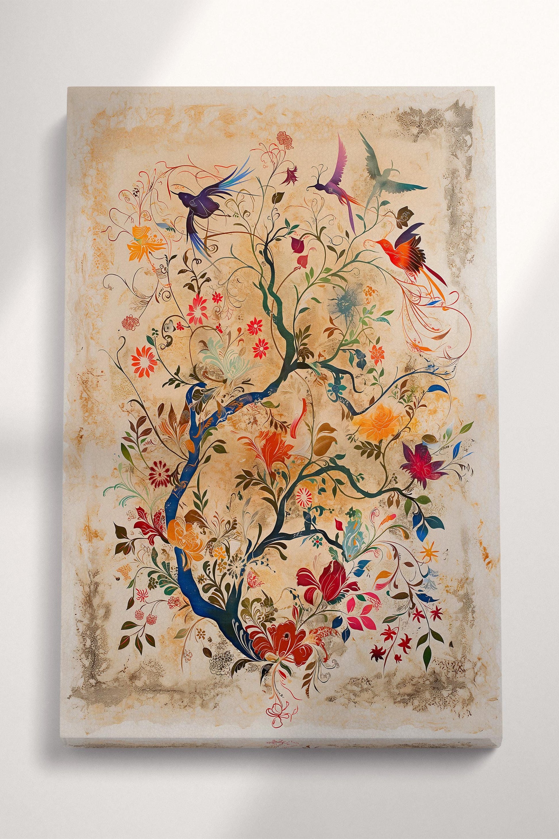 Floral Symphony with Birds - Eco Leather Canvas Wall Art Print