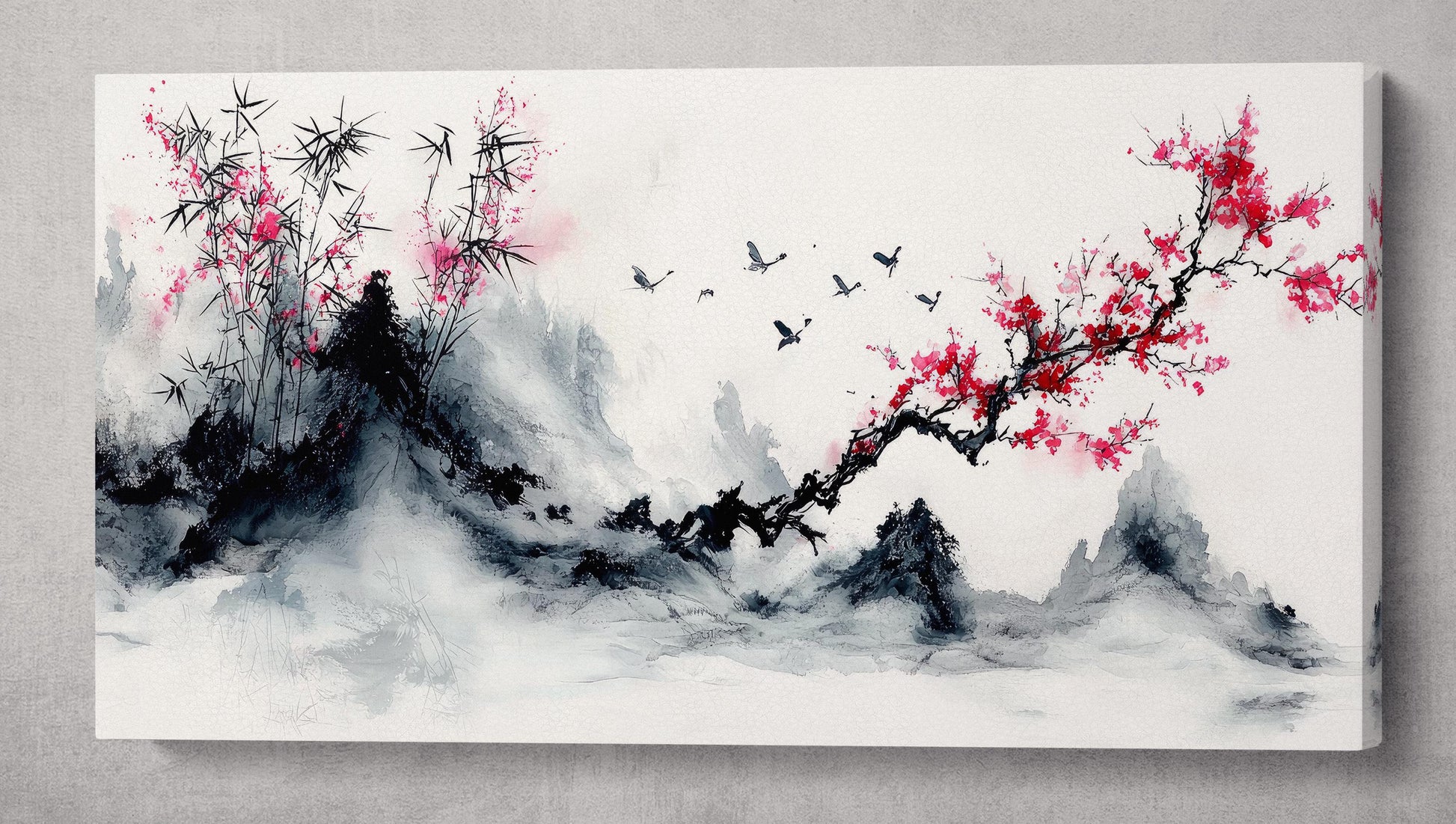 Scarlet Serenity: Bamboo and Blossoms in Flight Wall Art Home Decor Framed Canvas Print