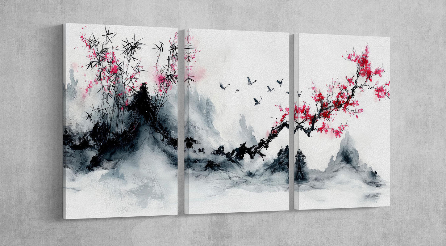 Scarlet Serenity: Bamboo and Blossoms in Flight Wall Art Home Decor Framed Canvas Print 3 Panels
