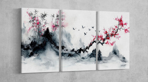 Scarlet Serenity: Bamboo and Blossoms in Flight Wall Art Home Decor Framed Canvas Print 3 Panels