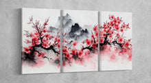 Charger l&#39;image dans la galerie, Blush of Spring: Cherry Blossoms Amidst Misty Peaks Wall Art Home Decor Framed Canvas Print 3 Panels