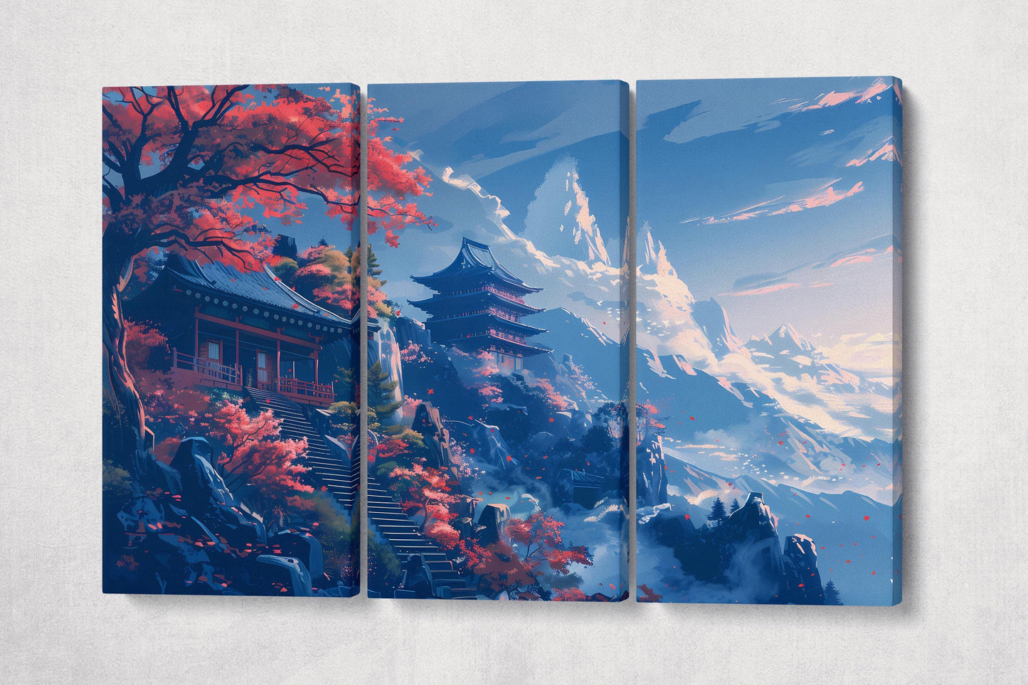 Harmony of Autumn Mountains: Japanese Temple Canvas Wall Decor Eco Leather Print 3 Panels